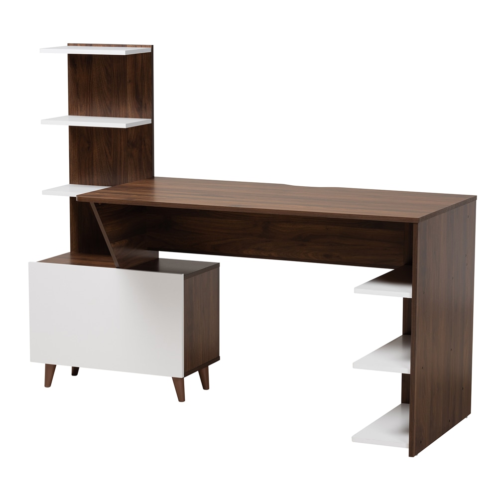 Baxton Studio Mid-Century Modern 61inW 2-Tone Computer Desk With Storage, White/Walnut Brown MPN:2721-11692