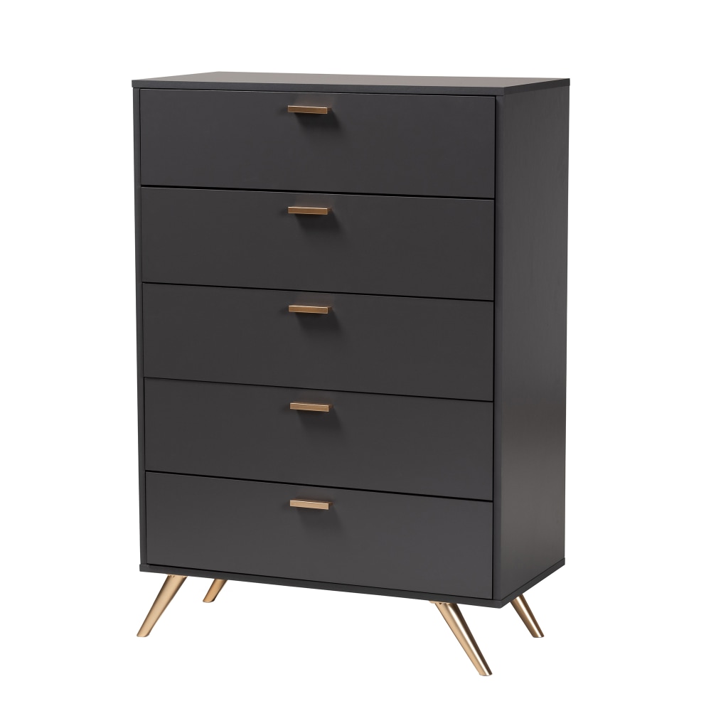 Baxton Studio Kelson 5-Drawer Chest, 46-1/8inH x 32-1/2inW x 15-3/4inD, Dark Gray/Gold MPN:2721-11575