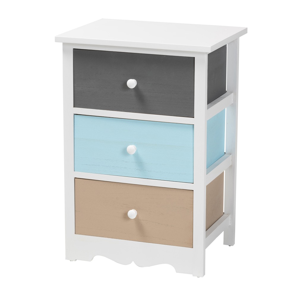 Baxton Studio Kalila 3-Drawer Nightstand, White/Multicolor MPN:2721-12249