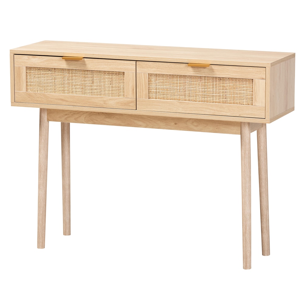 Baxton Studio Mid-Century Modern Rattan 2-Drawer Console Table, 29-1/2inH x 39-7/16inW x 11-13/16inD, Light Oak MPN:2721-11250