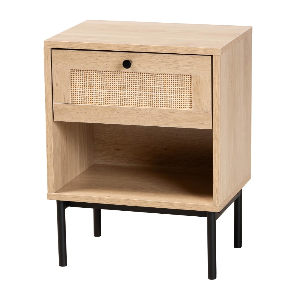 Baxton Studio Sherwin Mid-Century Modern 1-Drawer End Table With Woven Rattan Accent, 20-1/2inH x 15-3/4inW x 11-5/8inD, Light Brown/Black MPN:2721-13219