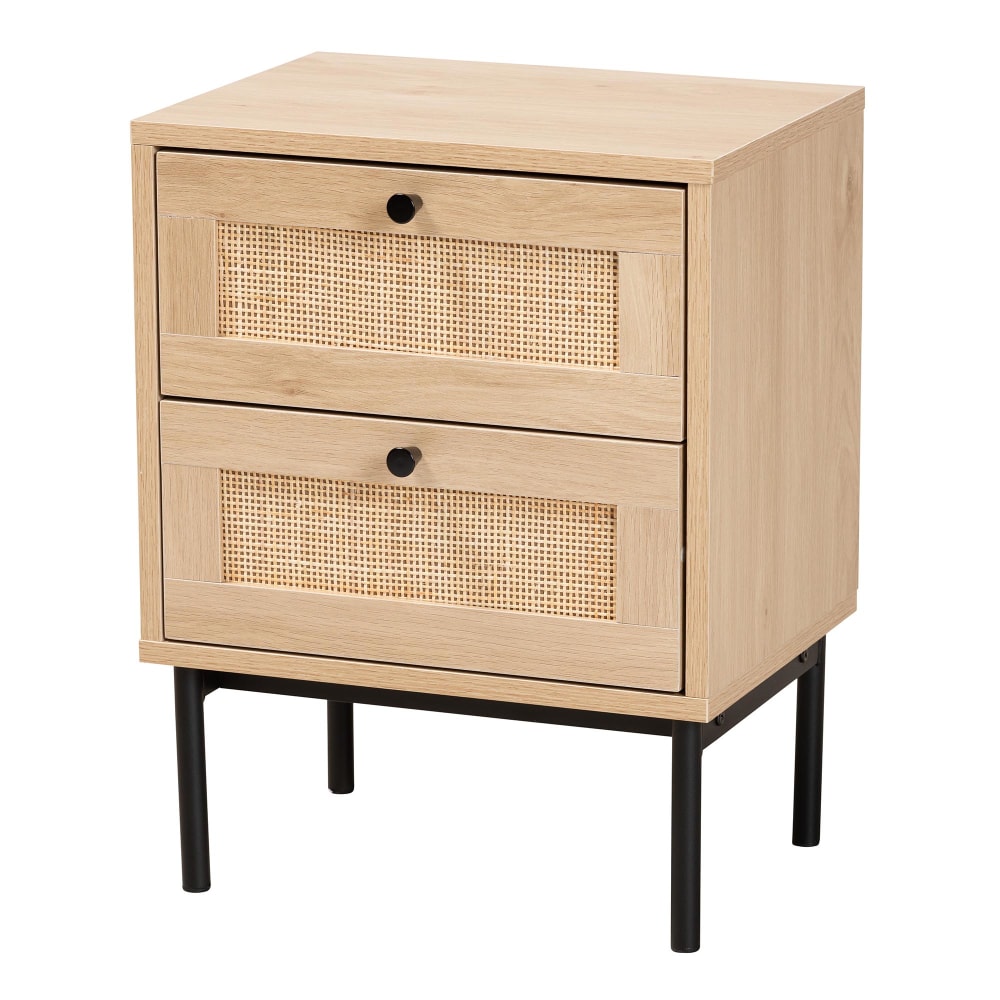 Baxton Studio Sherwin Mid-Century Modern 2-Drawer End Table With Woven Rattan Accent, 20-1/2inH x 15-3/4inW x 11-5/8inD, Light Brown/Black MPN:2721-13222