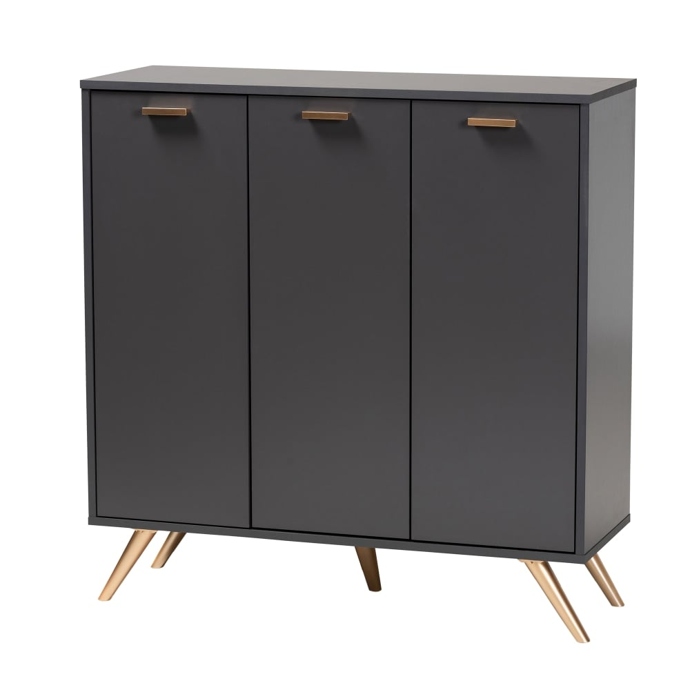 Baxton Studio Kelson 38inW 3-Door Shoe Cabinet, Dark Gray/Gold MPN:2721-11574