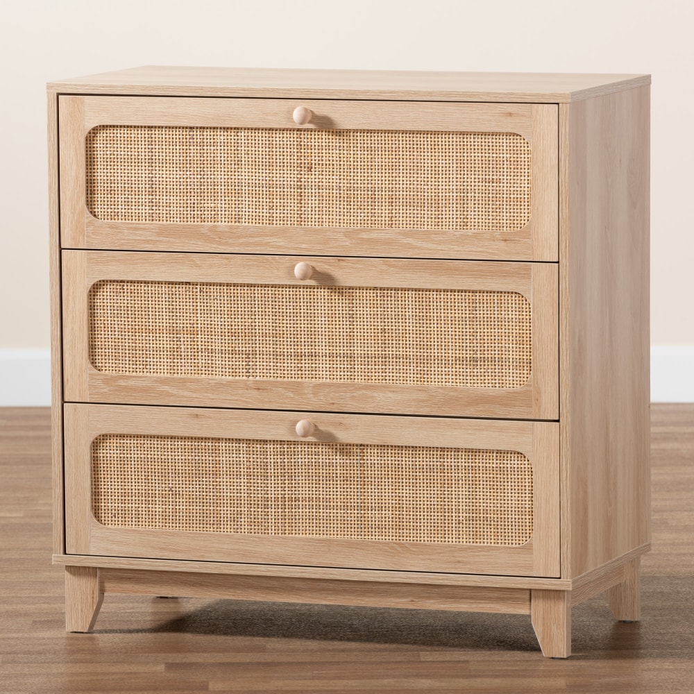 Baxton Studio Elsbeth Japandi 32inW 3-Drawer Storage Cabinet, Oak Brown/Natural Brown MPN:2721-12953