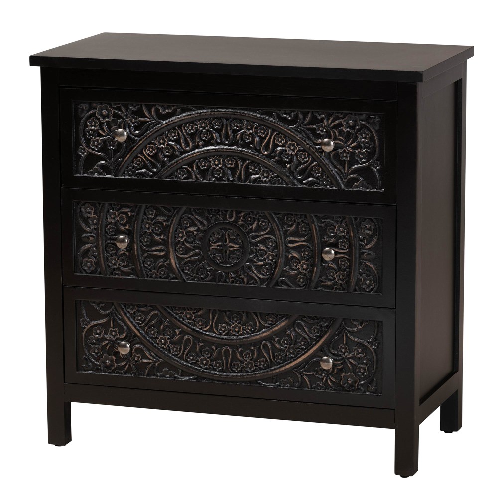 Baxton Studio Yelena 32inW Classic And Traditional Finished Wood 3-Drawer Storage Cabinet, Black/Chrome MPN:2721-13337