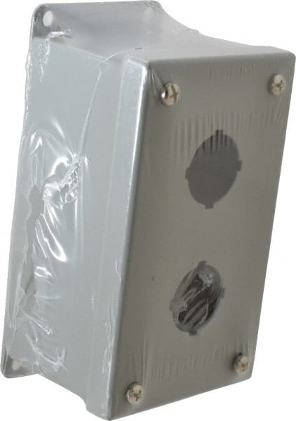Pushbutton Switch Enclosures; Number of Holes: 2; Hole Diameter (Decimal Inch): 1.2000; Hole Diameter (mm): 1.2000 in; 30-1/2; Material: Steel; Overall Height (Inch): 6-3/4; Overall Height (mm): 171; Overall Width (Inch): 3.5600; MPN:PB2