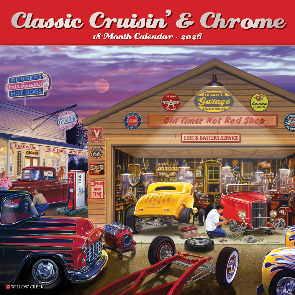 2026 Willow Creek Press Art & Design Monthly Wall Calendar, 12in x 12in, Classic Cruisin & Chrome, January To December, 50743 MPN:50743