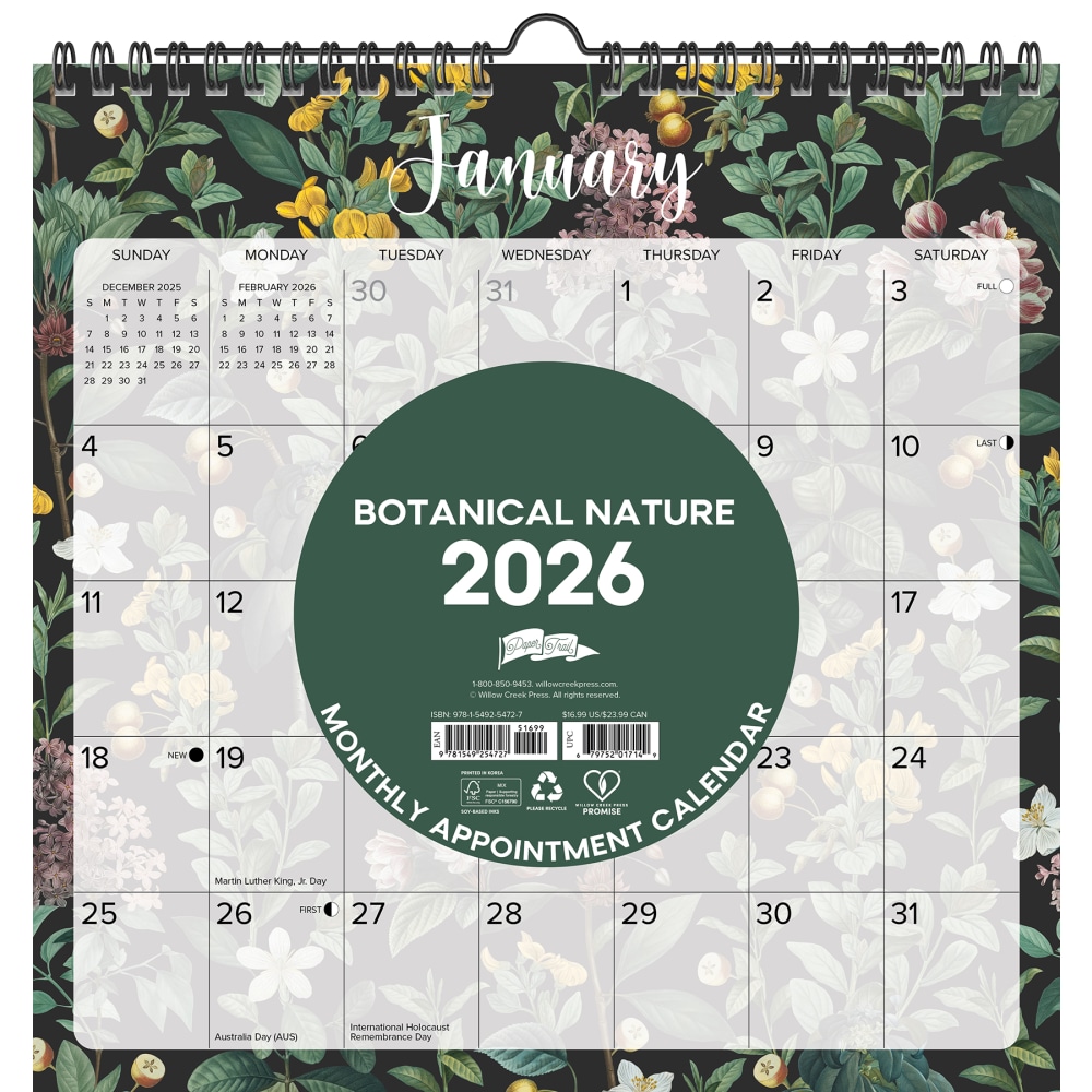 2026-2027 Willow Creek Press Monthly Spiral Wall Calendar, 12in x 12in, Botanical Nature, July 2026 To June 2027, 54727 MPN:54727