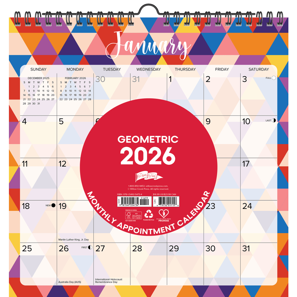 2026-2027 Willow Creek Press Monthly Spiral Wall Calendar, 12in x 12in, Geometric, July 2026 To June 2027, 54734 MPN:54734