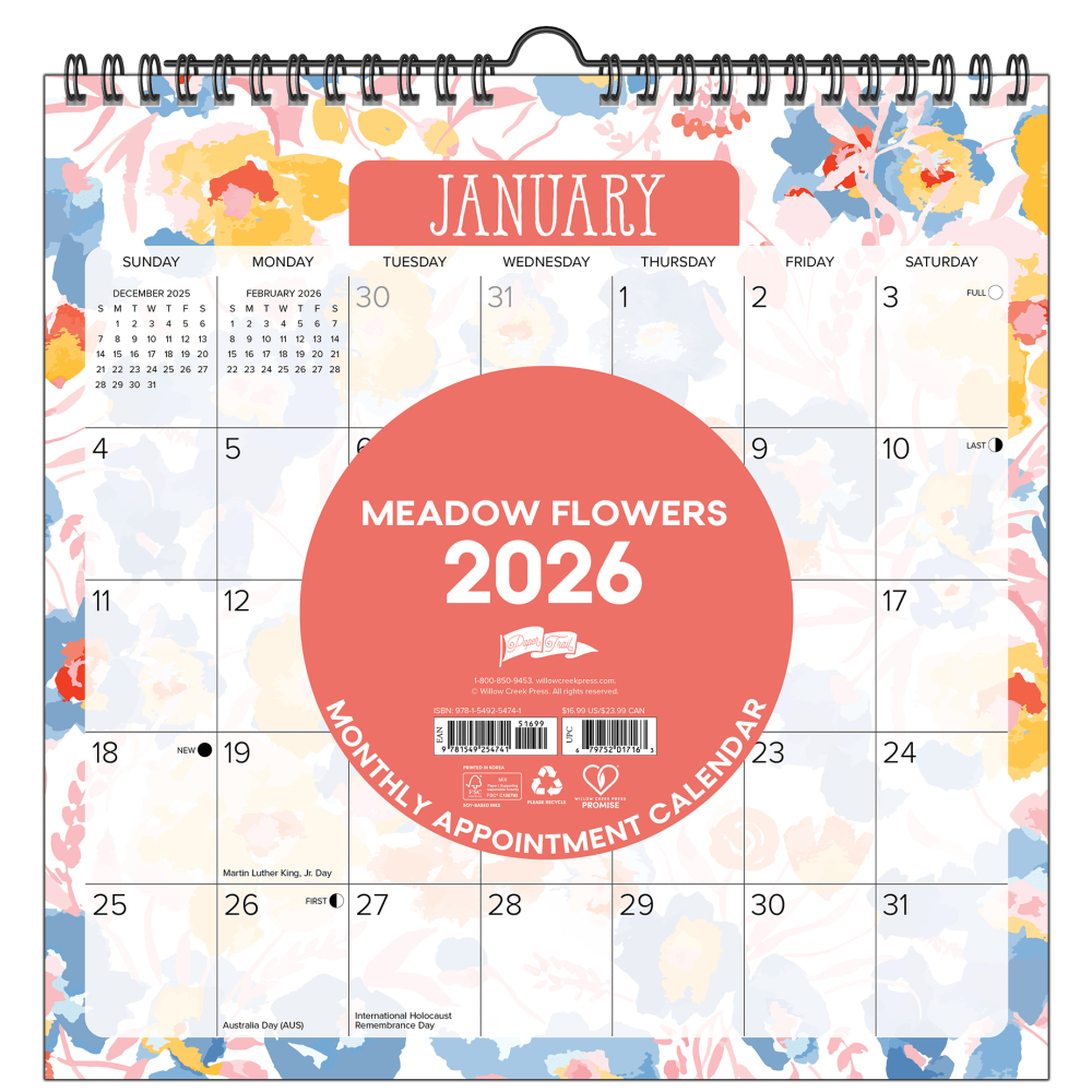 2026-2027 Willow Creek Press Monthly Spiral Wall Calendar, 12in x 12in, Meadow Flowers, July 2026 To June 2027, 54741 MPN:54741