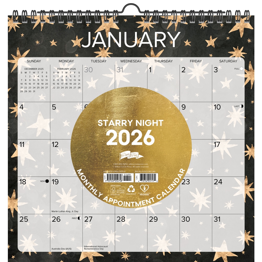 2026-2027 Willow Creek Press Monthly Spiral Wall Calendar, 12in x 12in, Starry Night, July 2026 To June 2027, 54758 MPN:54758