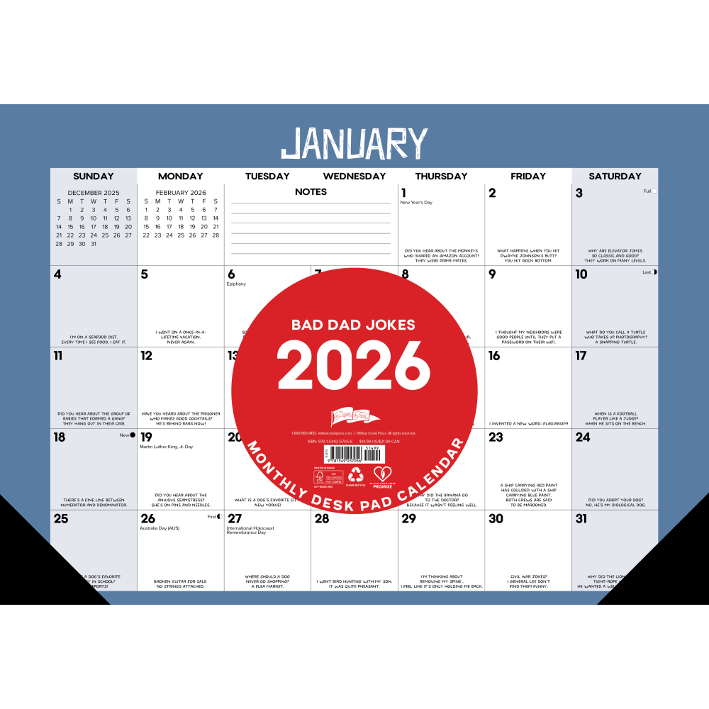 2026 Willow Creek Press Monthly Desk Pad Calendar, 12in x 17in, Bad Dad Jokes, January To December, 57056 MPN:57056