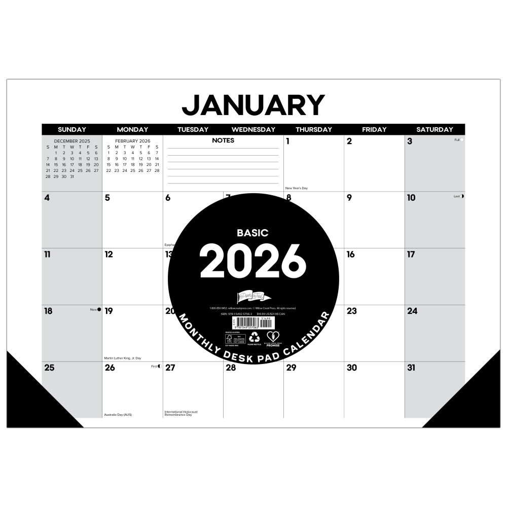 2026 Willow Creek Press Monthly Desk Pad Calendar, 12in x 17in, Basic, January To December, 57063 MPN:57063