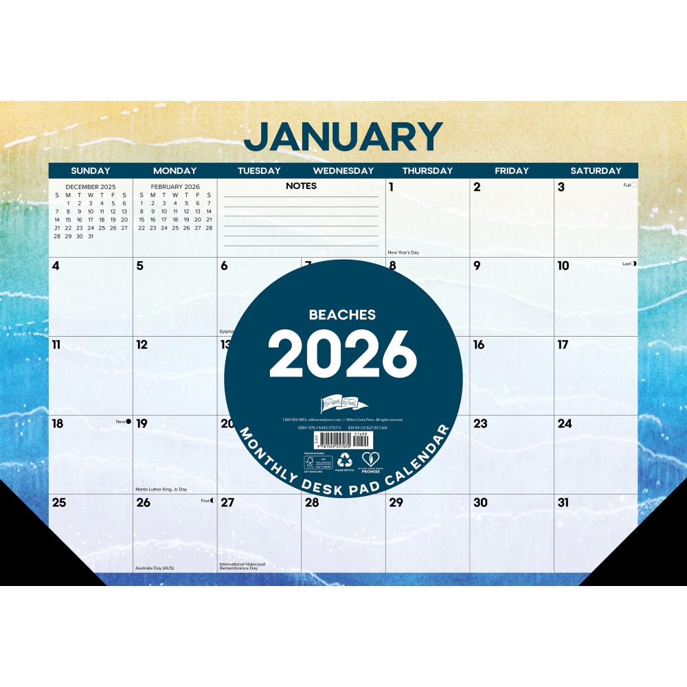 2026 Willow Creek Press Monthly Desk Pad Calendar, 12in x 17in, Beaches, January To December, 57070 MPN:57070