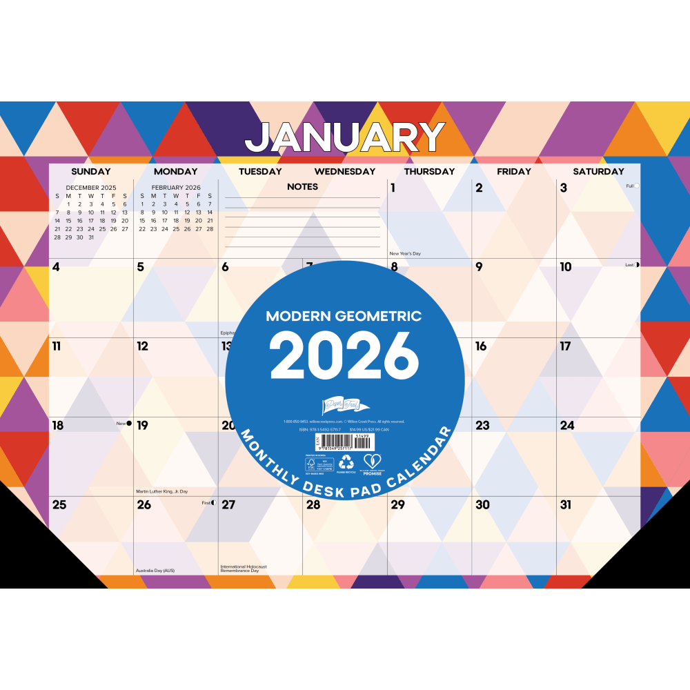 2026 Willow Creek Press Monthly Desk Pad Calendar, 12in x 17in, Modern Geometric, January To December, 57117 MPN:57117