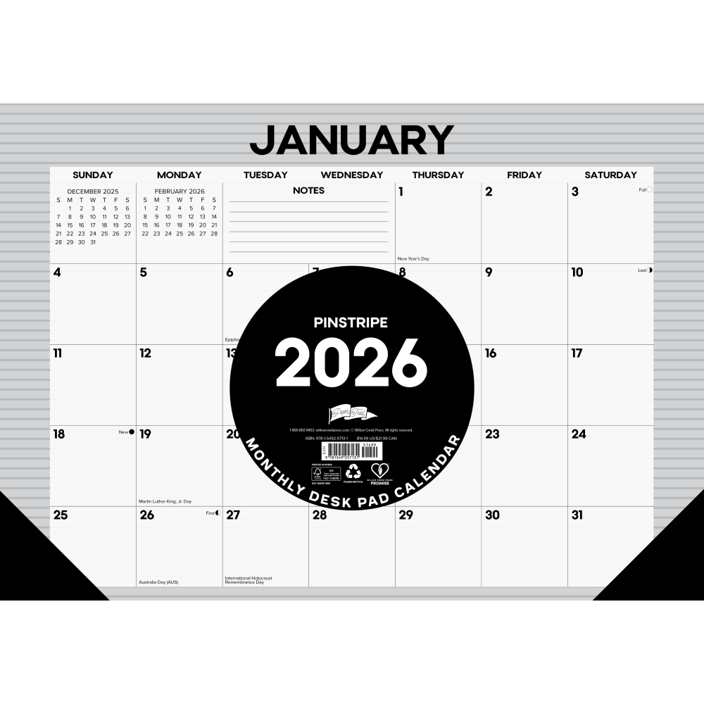 2026 Willow Creek Press Monthly Desk Pad Calendar, 12in x 17in, Pinstripe, January To December, 57131 MPN:57131