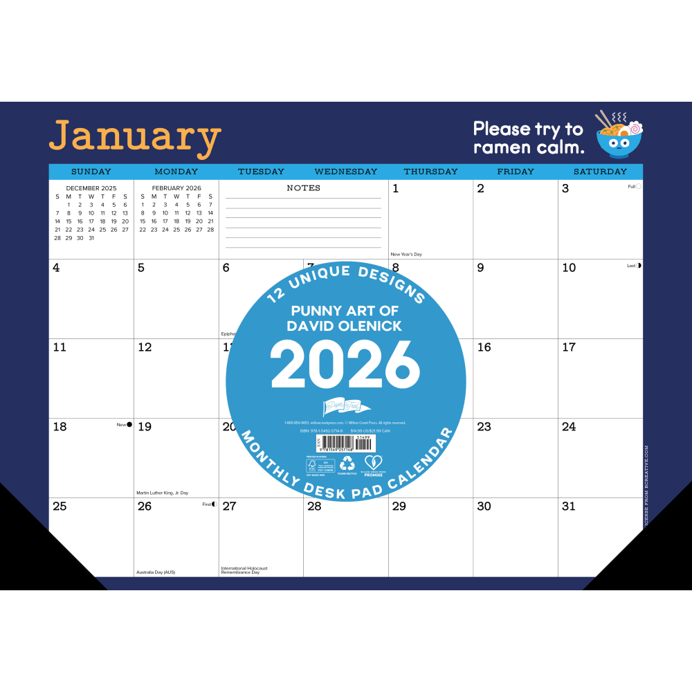 2026 Willow Creek Press Monthly Desk Pad Calendar, 12in x 17in, Punny Art of David Olenick, January To December, 57148 MPN:57148