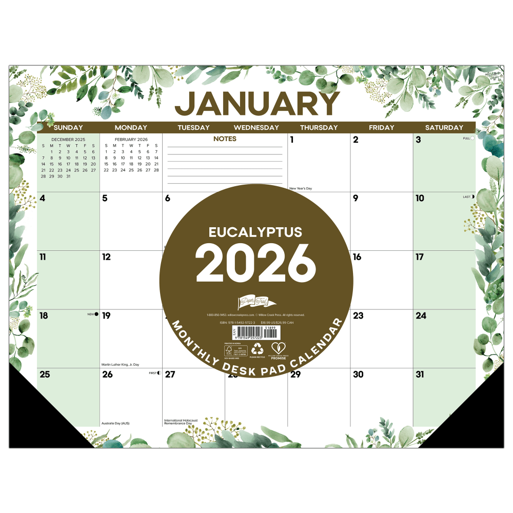 2026 Willow Creek Press Desk Pad Calendar, 22in x 17in, Eucalyptus, January To December, 57223 MPN:57223