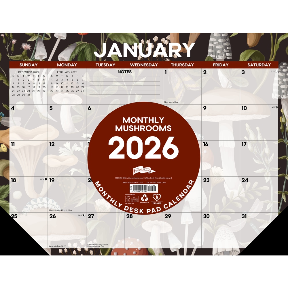 2026 Willow Creek Press Desk Pad Calendar, 22in x 17in, Mushrooms, January To December, 57247 MPN:57247