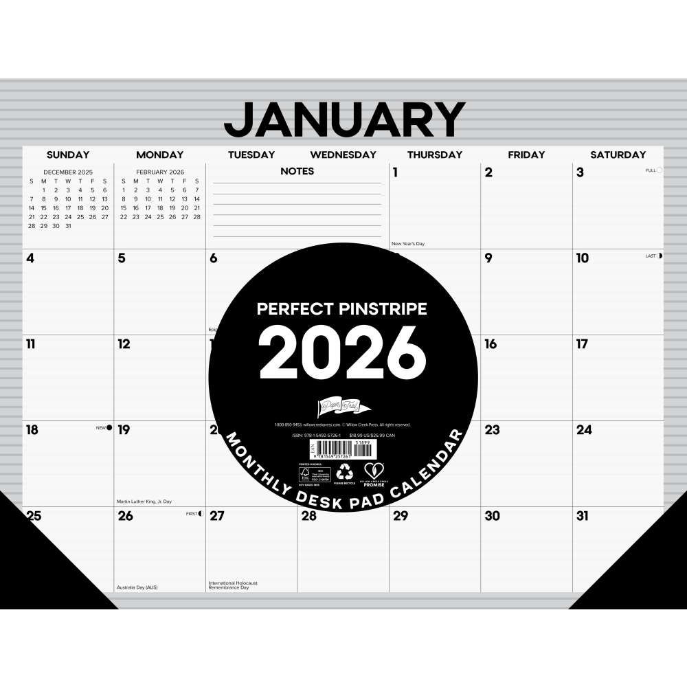 2026 Willow Creek Press Desk Pad Calendar, 22in x 17in, Pinstripe, January To December, 57261 MPN:57261