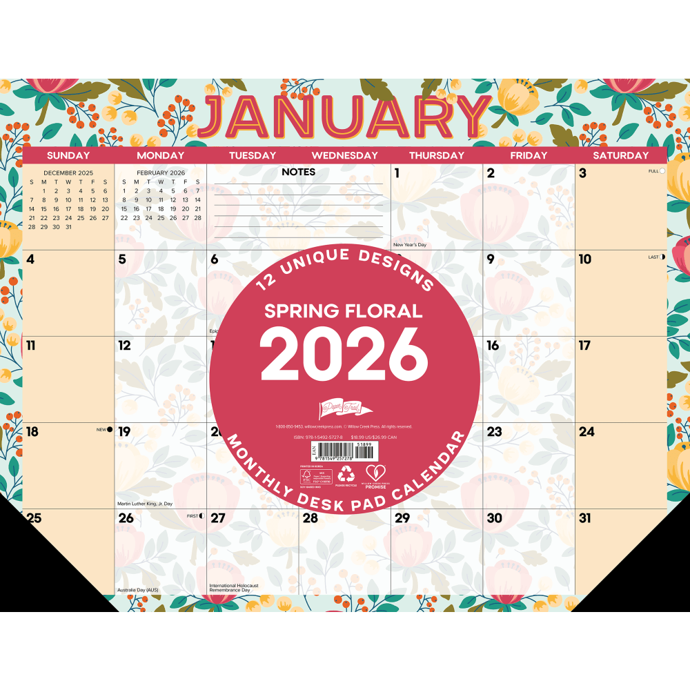 2026 Willow Creek Press Desk Pad Calendar, 22in x 17in, Spring Floral, January To December, 57278 MPN:57278