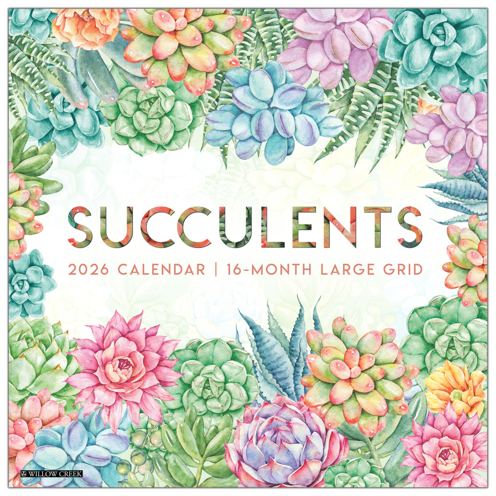 2026 Willow Creek Press Art & Design Monthly Wall Calendar, 12in x 12in, Succulents-Large Grid, January To December, 55564 MPN:9781549255564