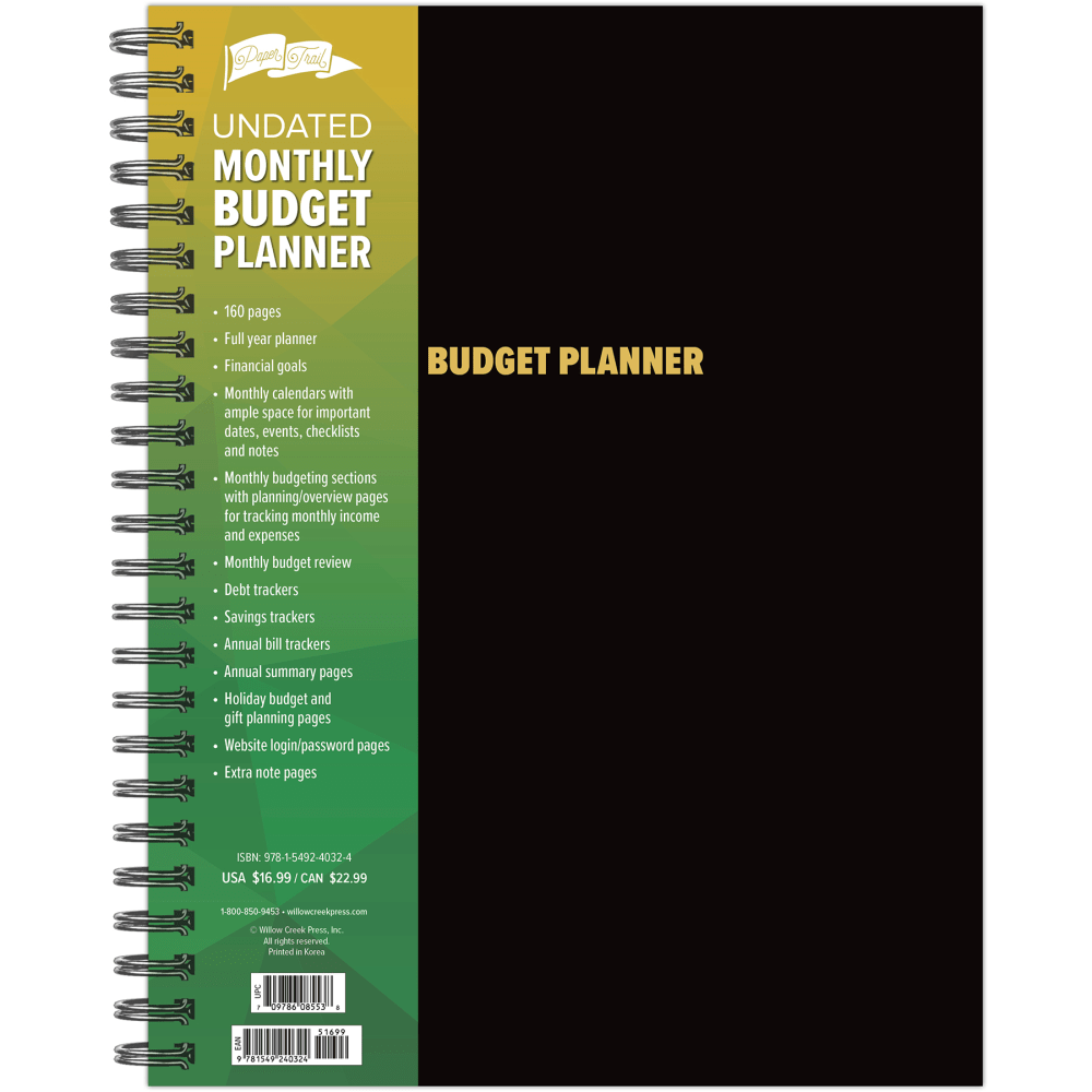 Willow Creek Press 12-Month Undated Budget/Finance Monthly Tracker Planner, 8-1/2in x 11in, Black MPN:40324