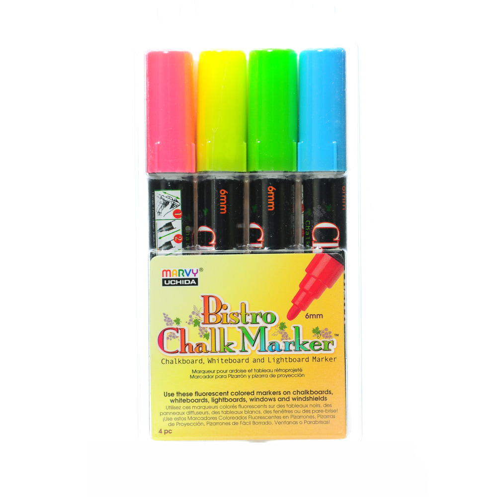 Marvy Uchida Bistro Chalk Markers, 4 Markers Per Set, Pack Of 2 Sets, Broad Point, Fluorescent, 8 Markers MPN:480-4A-2