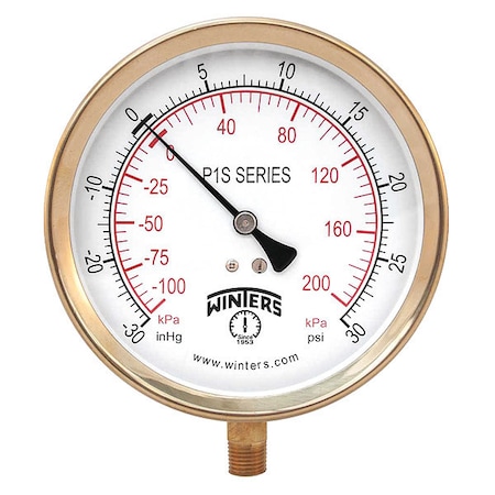 Industrial Compound Gauge, 30 to 0 to 30 psi, 4 1/2 in Dial, 1/4 in NPT, Bottom Location MPN:P1S412