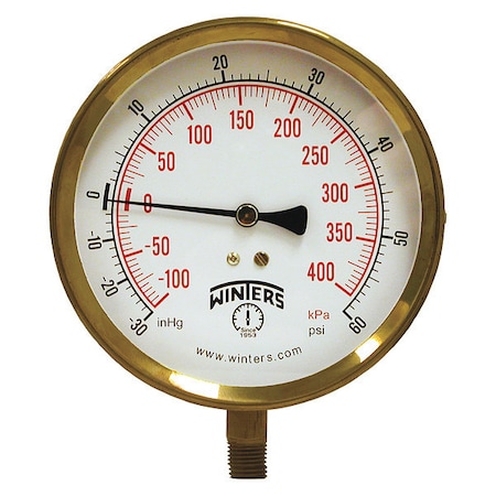 Industrial Compound Gauge, 30 to 0 to 60 psi, 4 1/2 in Dial, 1/4 in NPT, Bottom Location MPN:P1S413