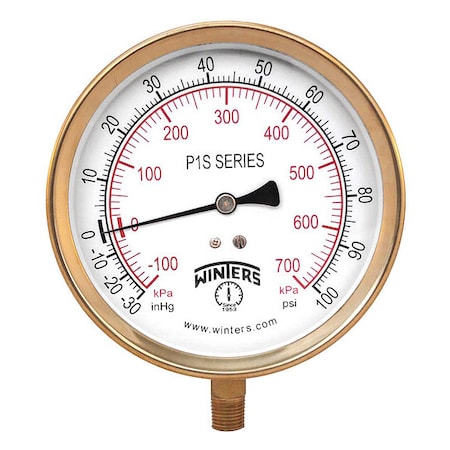 Industrial Compound Gauge, 30 to 0 to 100 psi, 4 1/2 in Dial, 1/4 in NPT, Bottom Location MPN:P1S414