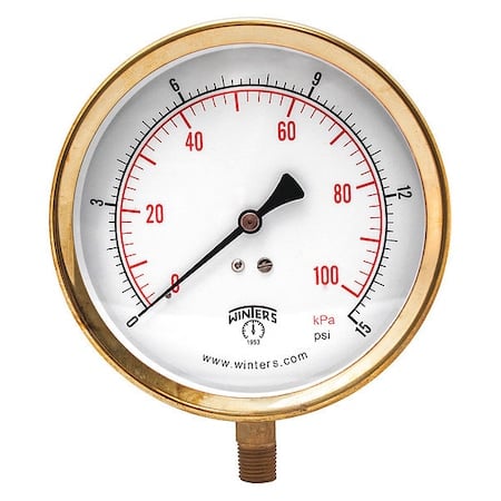 Industrial Pressure Gauge, 0 to 15 psi, 4 1/2 in Dial, 1/4 in NPT, Bottom Location MPN:P1S419