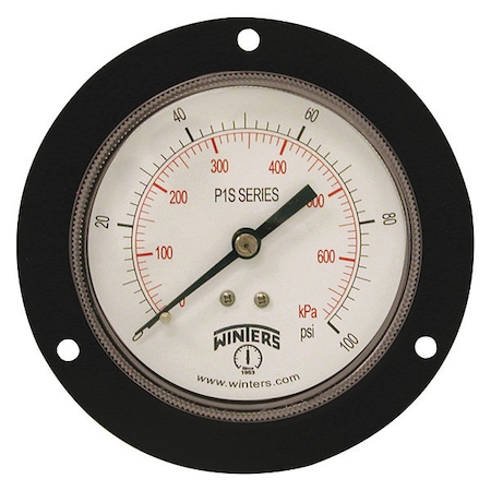 Panel-Mount Pressure Gauge, 0 to 100 psi, 3 1/2 in Dial, 1/4 in NPT, Center Back Location MPN:P1S564