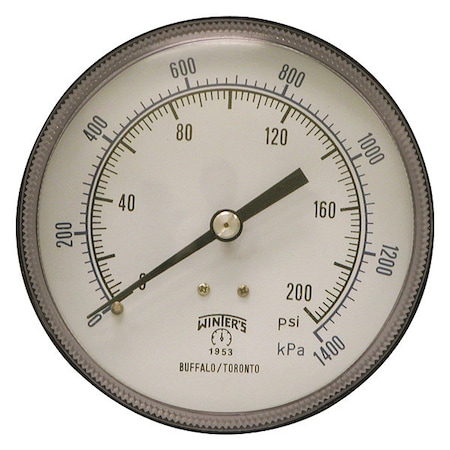 Panel-Mount Pressure Gauge, 0 to 200 psi, 3 1/2 in Dial, 1/4 in NPT, Center Back Location MPN:P1S566