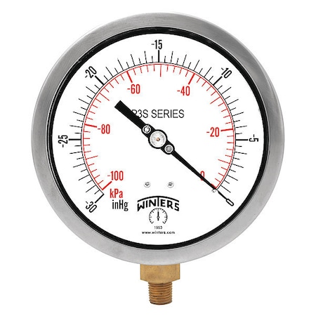 Industrial Vacuum Gauge, 30 to 0 psi, 4 1/2 in Dial, 1/4 in NPT, Bottom Location MPN:P3S6000