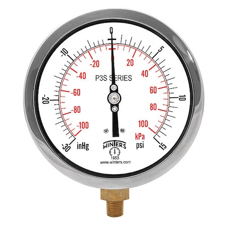 Industrial Compound Gauge, 30 to 0 to 15 psi, 4 1/2 in Dial, 1/4 in NPT, Bottom Location MPN:P3S6001