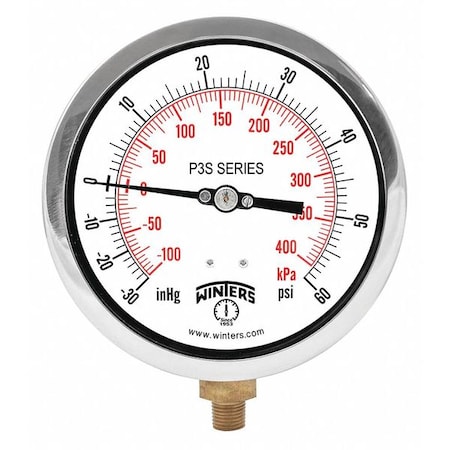 Industrial Compound Gauge, 30 to 0 to 60 psi, 4 1/2 in Dial, 1/4 in NPT, Bottom Location MPN:P3S6003