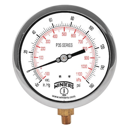 Industrial Compound Gauge, 30 to 0 to 160 psi, 4 1/2 in Dial, 1/4 in NPT, Bottom Location MPN:P3S6005