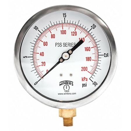Industrial Pressure Gauge, 0 to 30 psi, 4 1/2 in Dial, 1/4 in NPT, Bottom Location MPN:P3S6009