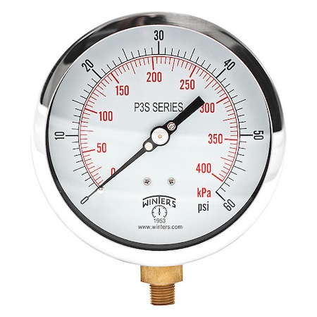 Industrial Pressure Gauge, 0 to 60 psi, 4 1/2 in Dial, 1/4 in NPT, Bottom Location MPN:P3S6010-MAXI45