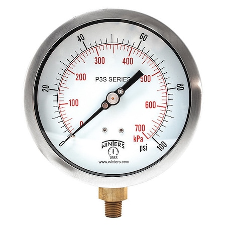 Industrial Pressure Gauge, 0 to 100 psi, 4 1/2 in Dial, 1/4 in NPT, Bottom Location MPN:P3S6011-MAXI45