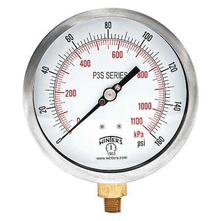Industrial Pressure Gauge, 0 to 160 psi, 4 1/2 in Dial, 1/4 in NPT, Bottom Location MPN:P3S6012-MAXI45