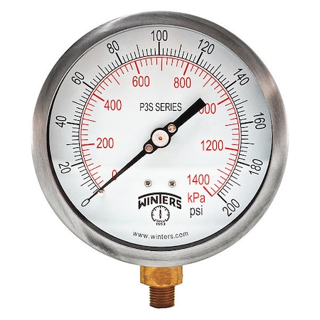 Industrial Pressure Gauge, 0 to 200 psi, 4 1/2 in Dial, 1/4 in NPT, Bottom Location MPN:P3S6013-MAXI45