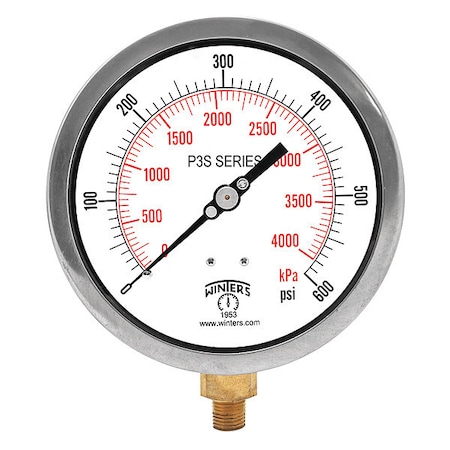 Industrial Pressure Gauge, 0 to 600 psi, 4 1/2 in Dial, 1/4 in NPT, Bottom Location MPN:P3S6016-MAXI45