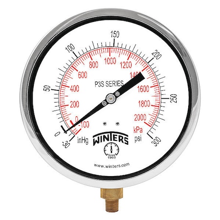 Industrial Compound Gauge, 30 to 0 to 300 psi, 6 in Dial, 1/4 in NPT, Bottom Location MPN:P3S6082