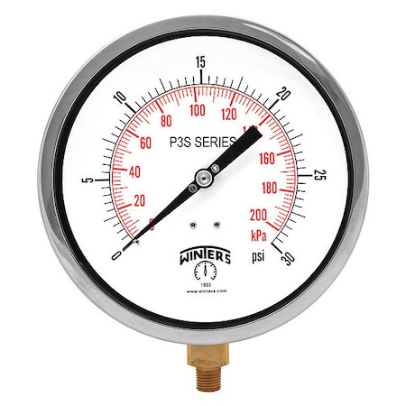 Industrial Pressure Gauge, 0 to 30 psi, 6 in Dial, 1/4 in NPT, Bottom Location MPN:P3S6084