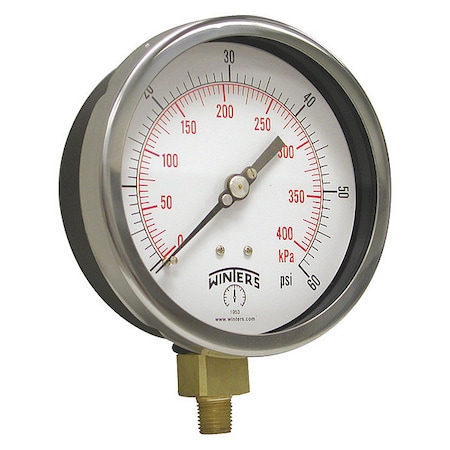 Industrial Pressure Gauge, 0 to 60 psi, 6 in Dial, 1/4 in NPT, Bottom Location MPN:P3S6085