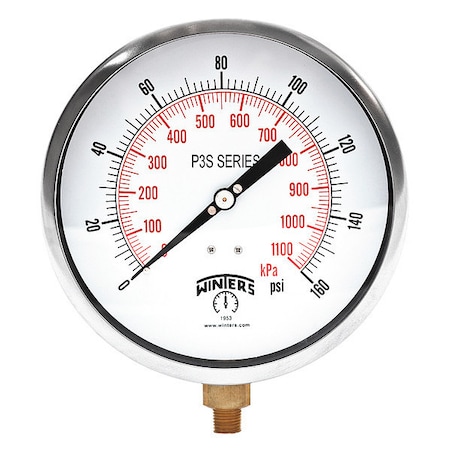 Industrial Pressure Gauge, 0 to 160 psi, 6 in Dial, 1/4 in NPT, Bottom Location MPN:P3S6087