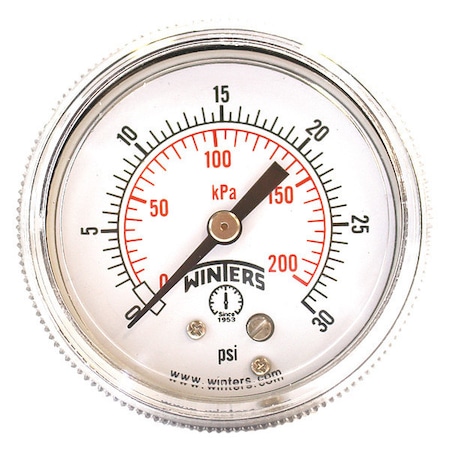 Panel-Mount Pressure Gauge, 0 to 30 psi, 2 in Dial, 1/8 in NPT, Center Back Location MPN:P9U901402UC