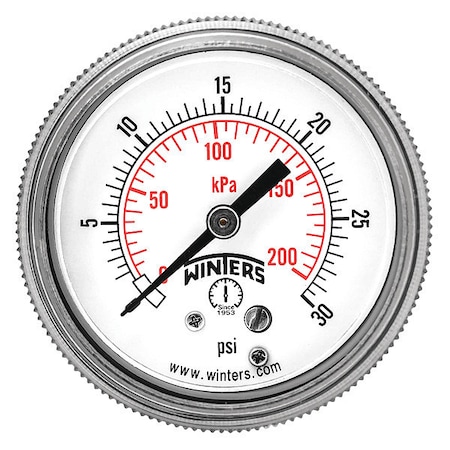 Panel-Mount Pressure Gauge, 0 to 30 psi, 2 in Dial, 1/4 in NPT, Center Back Location MPN:P9U901403UC